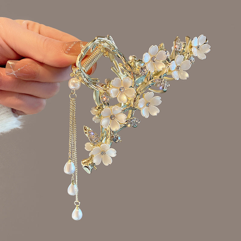Large Metal Pearl Bell Orchid Tassel Hair Clip - Rhinestone Claw Grip