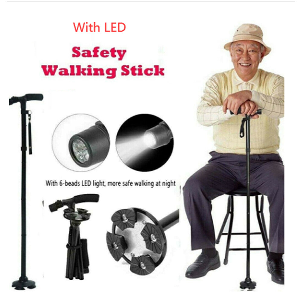 Folding Aluminium Walking Cane with Flashlight - Black