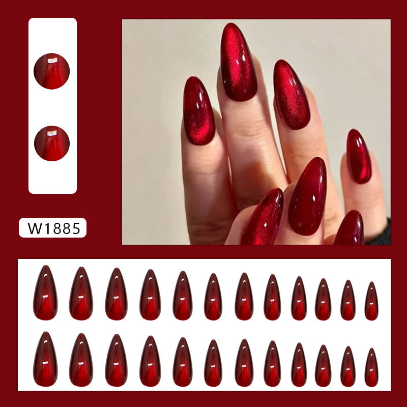 Red Cat Eye Nail Patches - Almond Removable Nail Art Kit for Ladies
