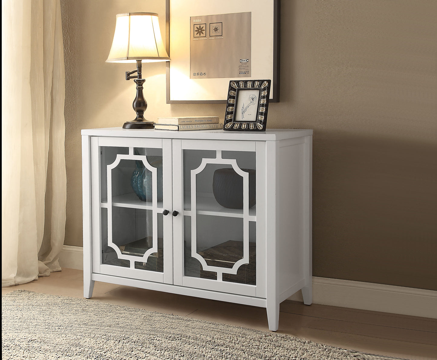 Ceara White Console Cabinet with Glass Doors & Storage Shelf
