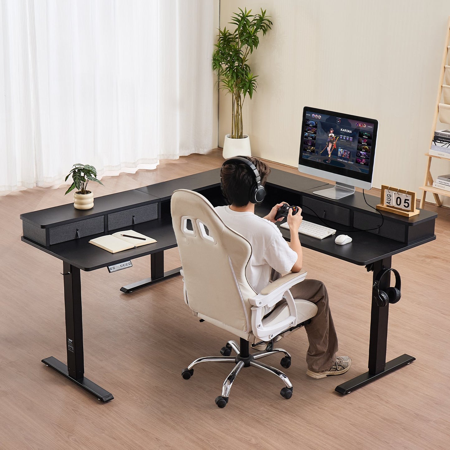 Electric Adjustable Height L-Shaped Corner Desk with Drawers - Black