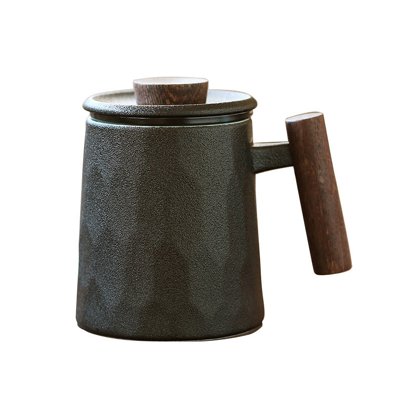 Ceramic Office Tea Cup with Wooden Handle and Lid 450ml Black