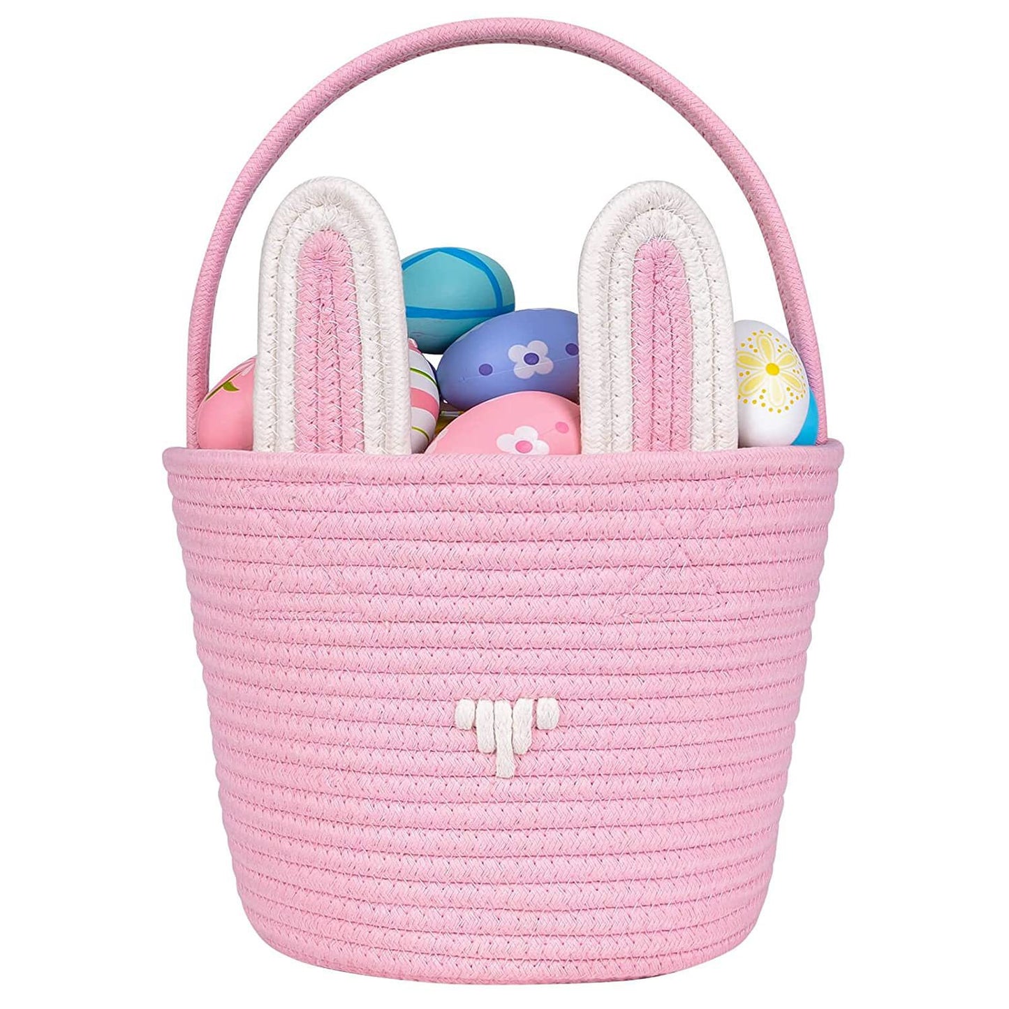 Easter Egg Handwoven Cotton Basket with Cartoon Rabbit Design – Multi-Color Storage Bag