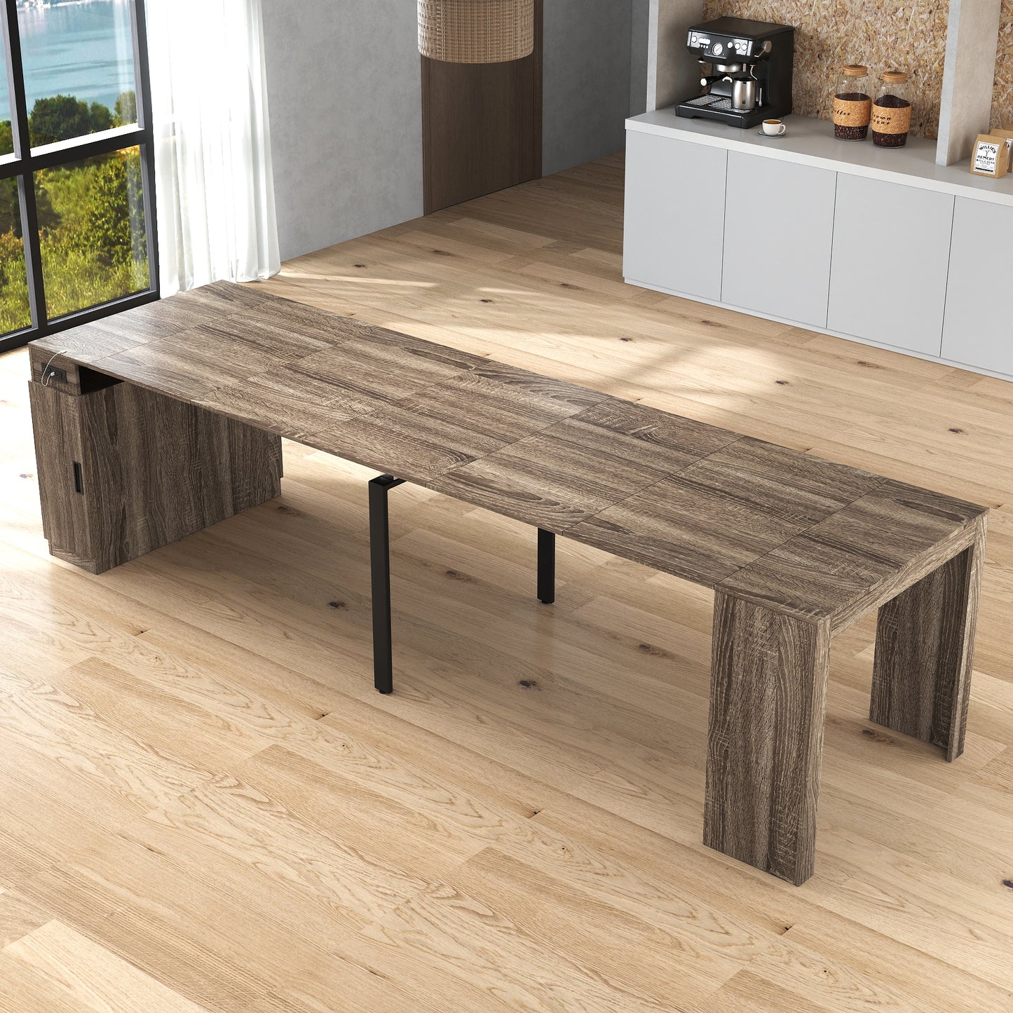 Modern Extendable Dining Table with Outlet & Storage - Brown