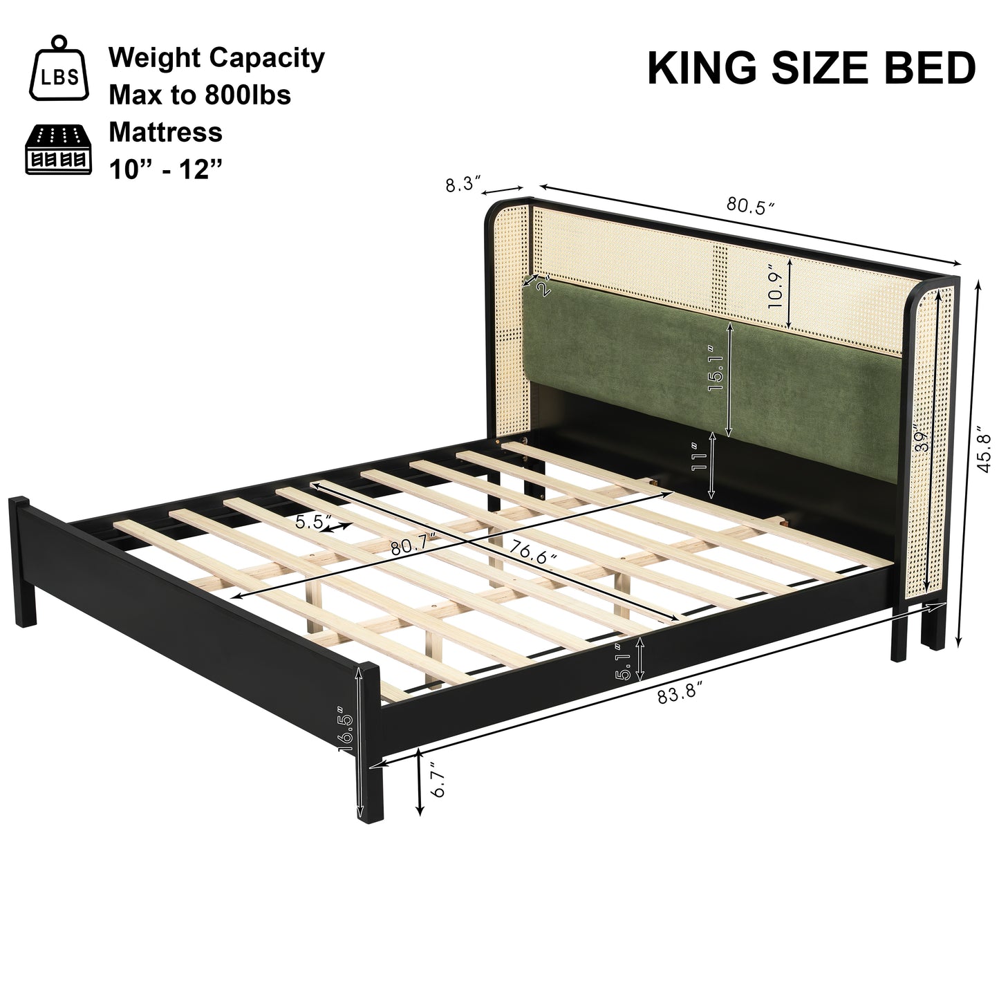 King Size Bed Frame - Black Green, Solid Wood, No Box Spring