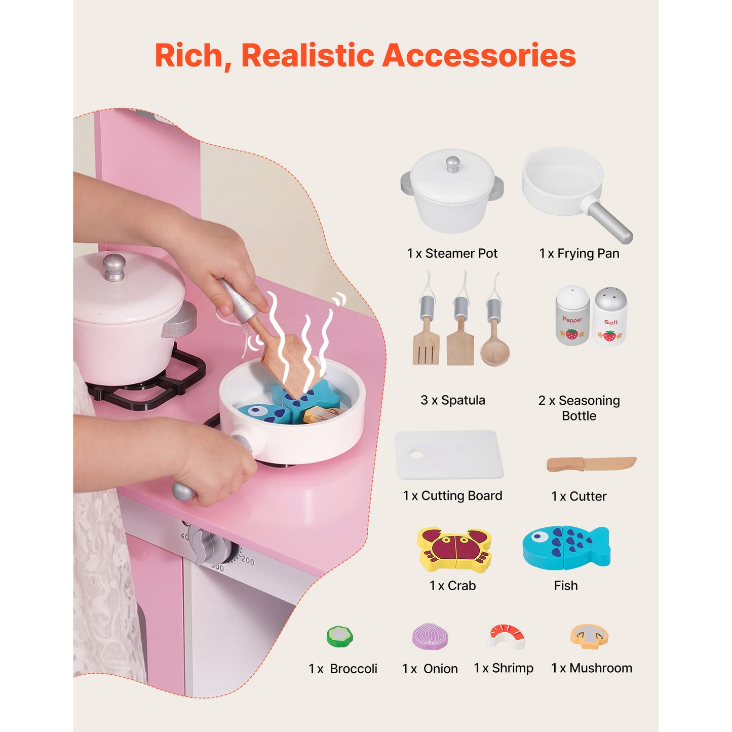 Kids Wooden Play Kitchen Set with Lights & Sounds - Pretend Cooking Toy for Ages 3-8 (Pink)