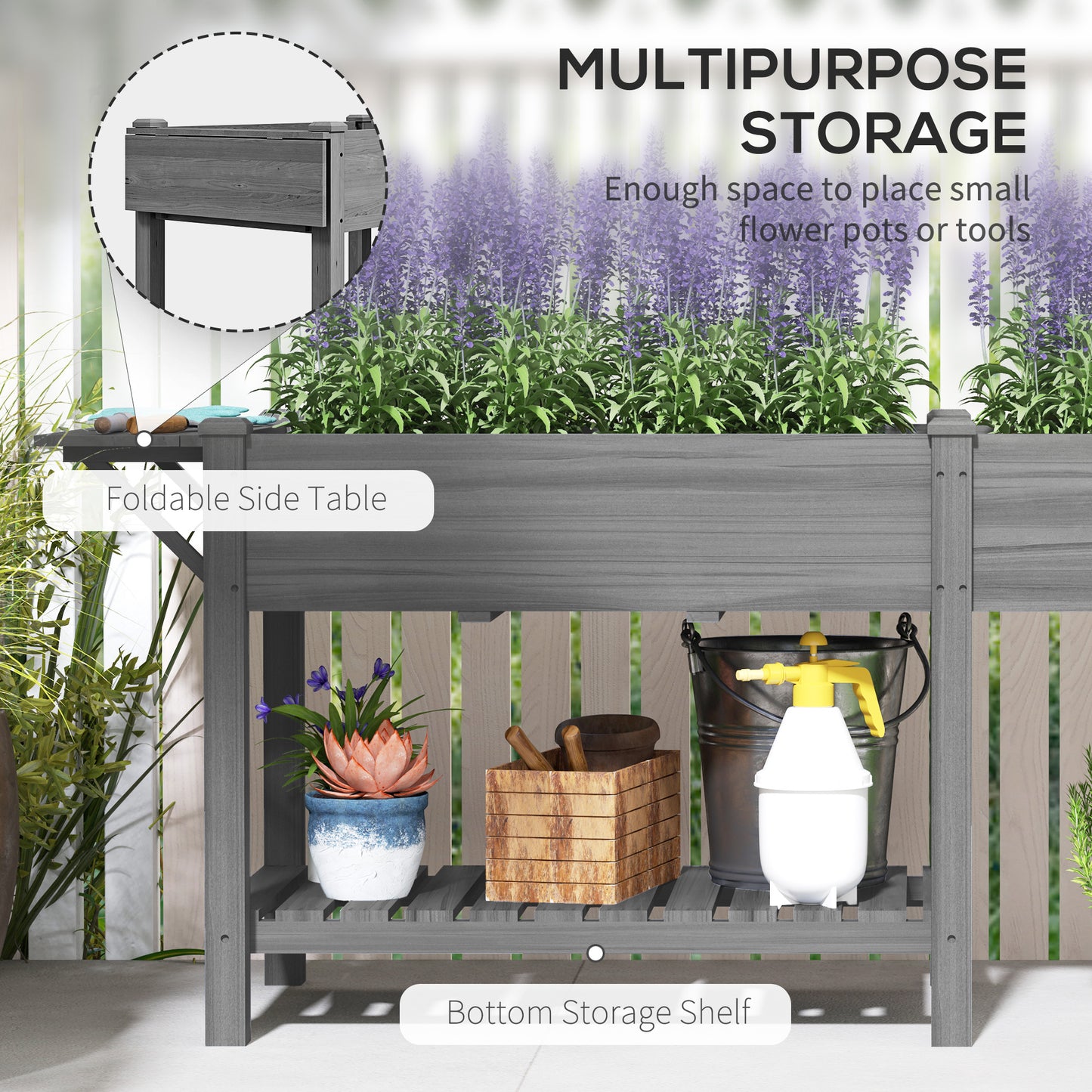 Wood Raised Garden Bed with Side Table and Bottom Shelf - Gray, 990x570x230 mm