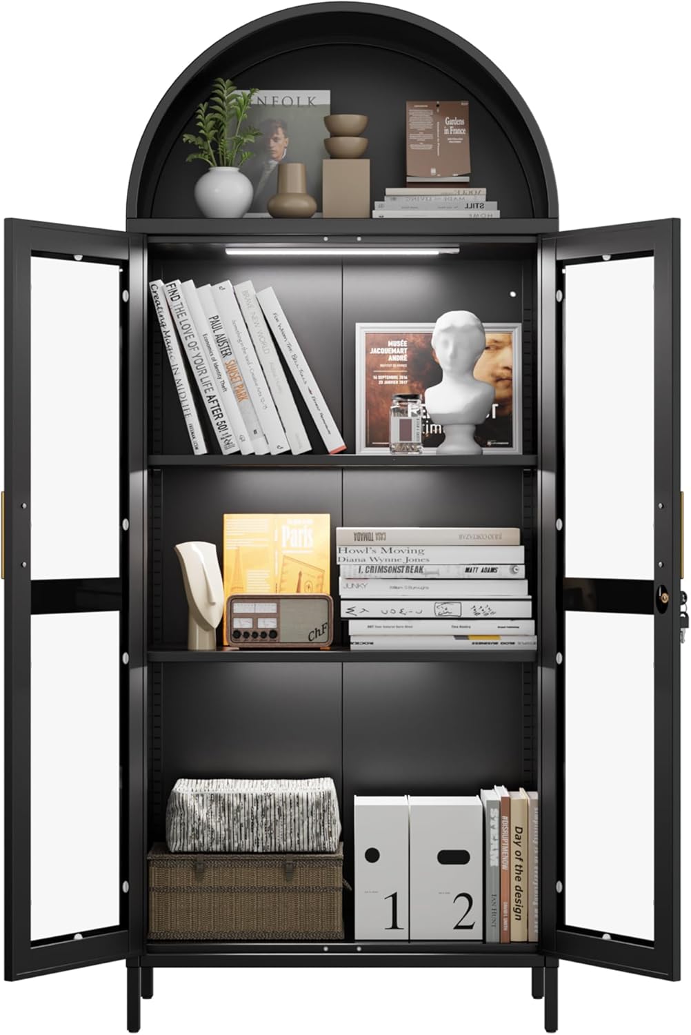 Arched Glass Door Storage Cabinet with LED Lights - Black