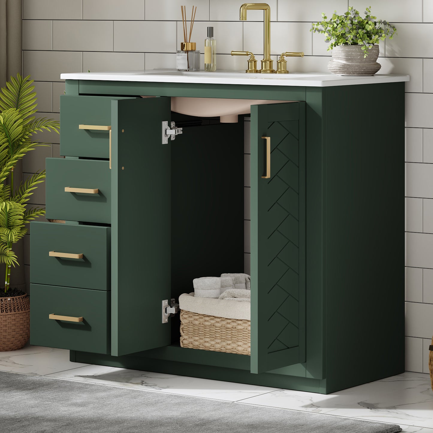 36-Inch Green Bathroom Vanity with Ceramic Sink & Storage Cabinet