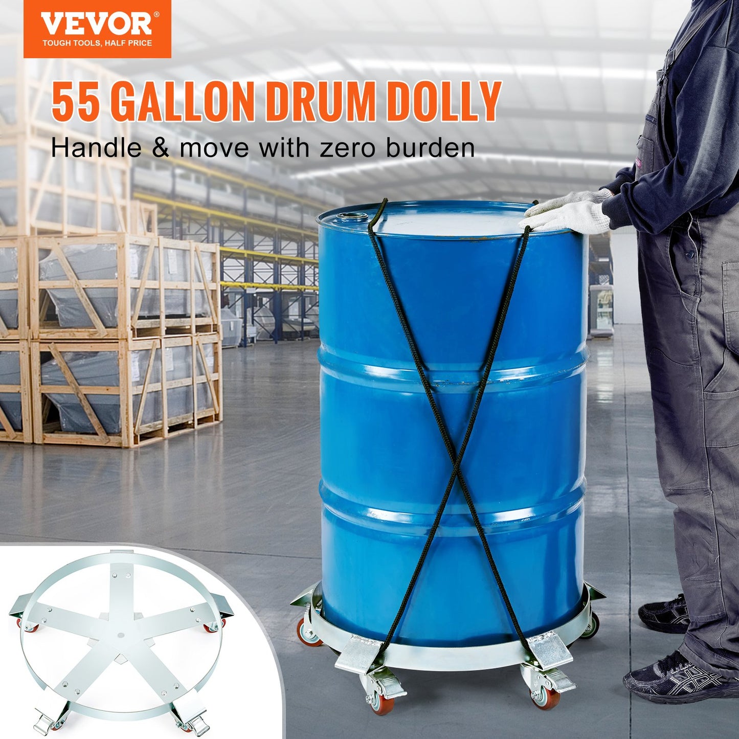 Heavy Duty 55 Gallon Drum Dolly Cart - 1250lbs Capacity, Steel Frame, Silver