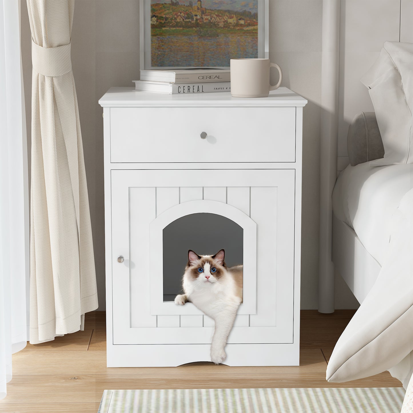 Wooden Pet House with Drawers Fence for Cats and Small Pets