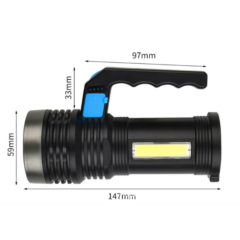 Rechargeable LED Flashlight USB COB Spotlight Waterproof Camping Lamp - Black