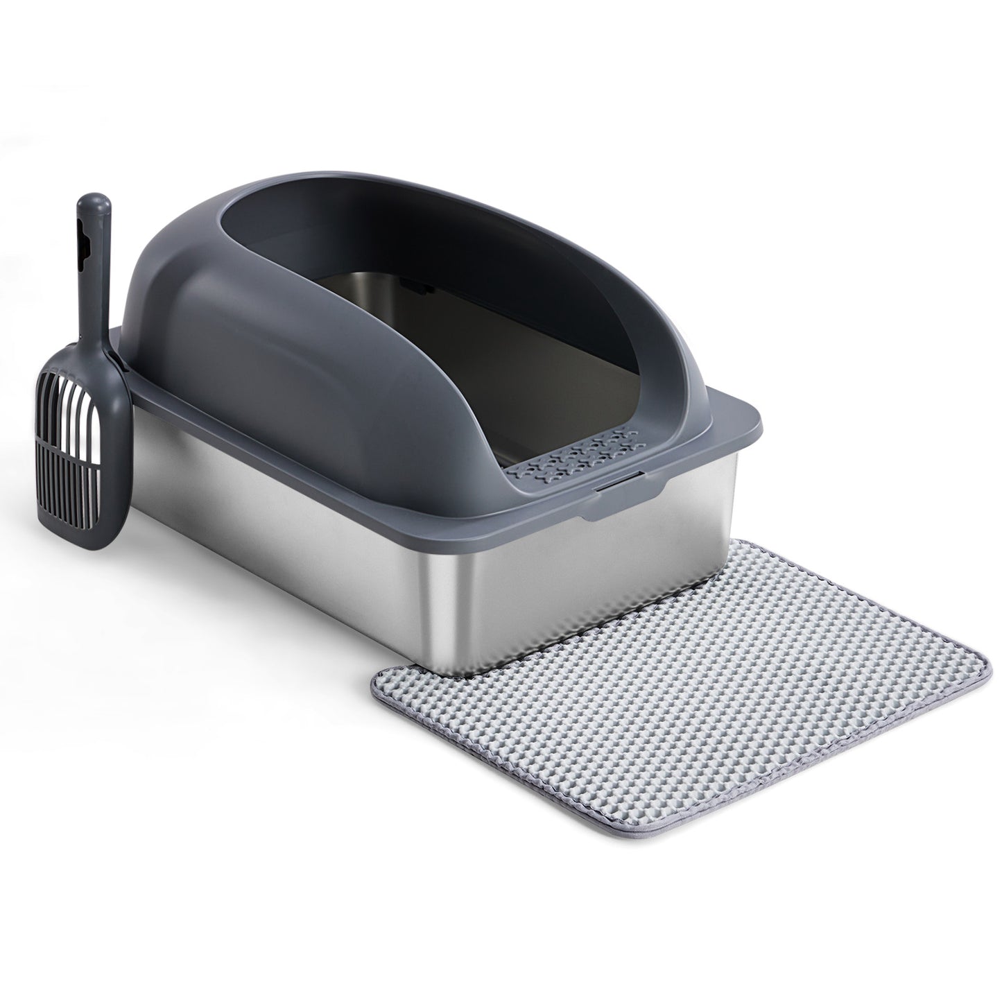 Large Stainless Steel Cat Litter Box with Lid, Odor-Free, Easy to Clean, Includes Scoop & Mat