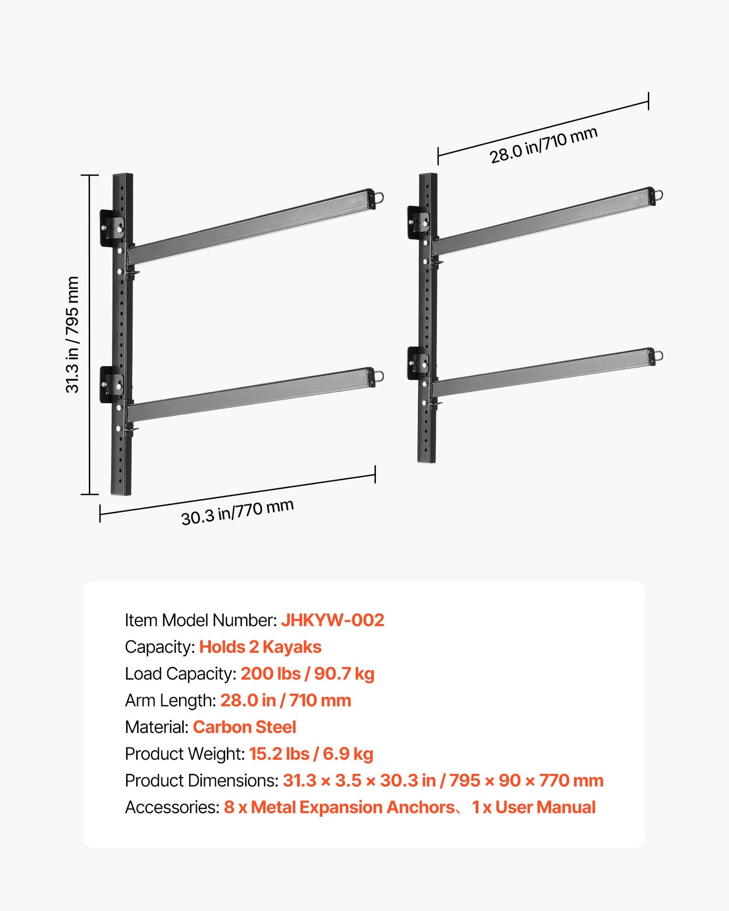 Heavy Duty Wall Mount Kayak Storage Rack for 2 Kayaks Canoes SUP Boards - Adjustable, Holds 200 lbs
