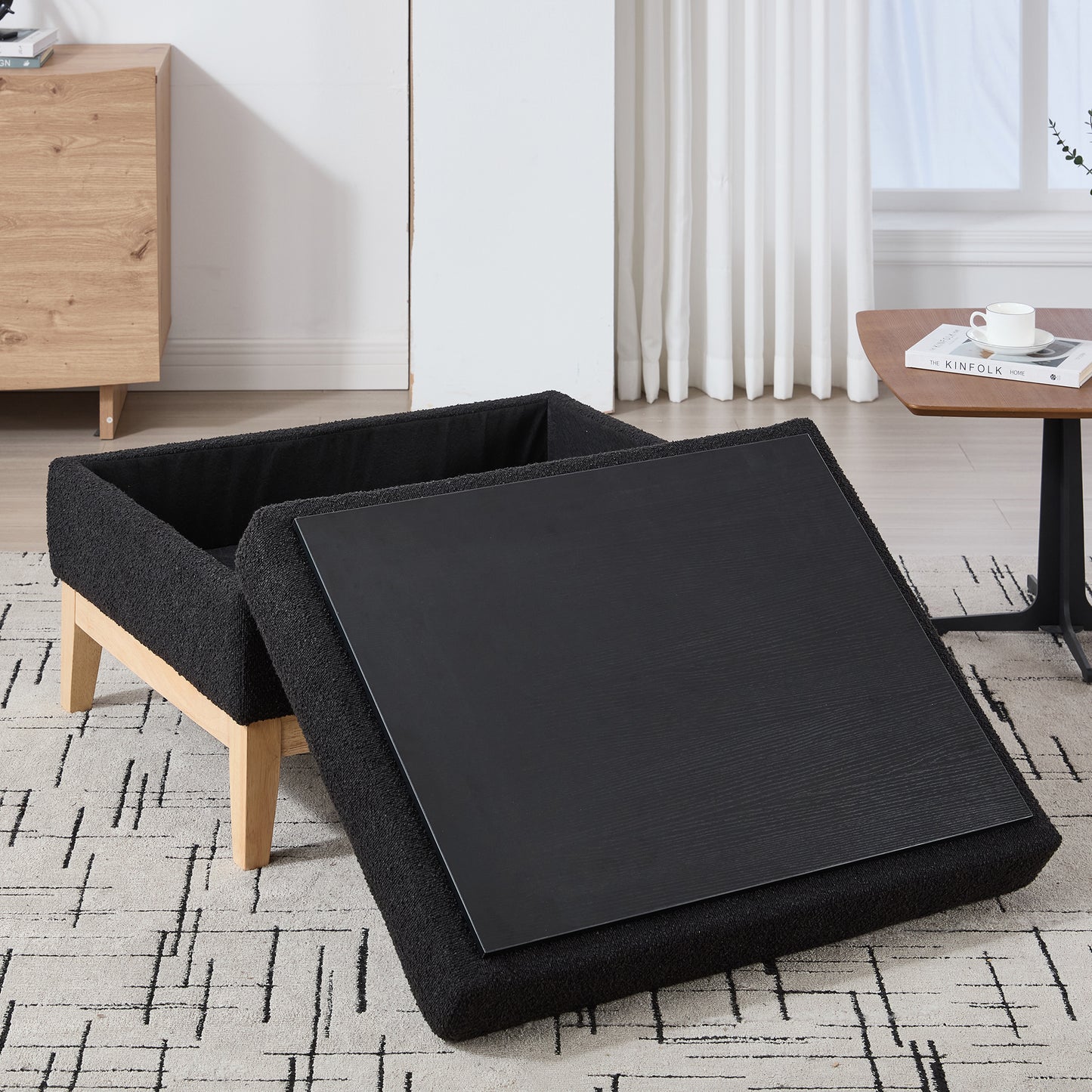 Storage Ottoman with Reversible Lid - Black Boucle Footstool