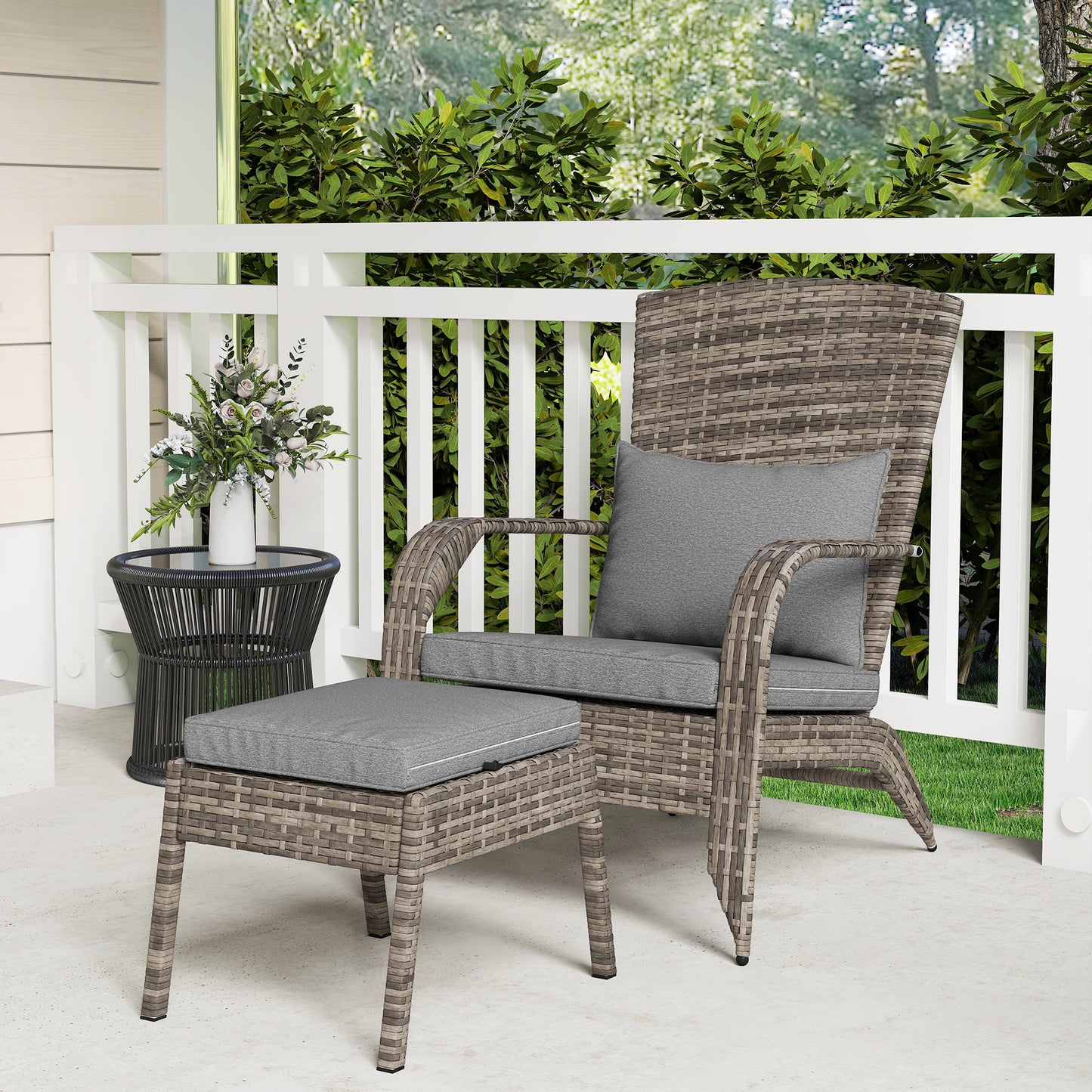 Wicker Adirondack Chair with Ottoman & Cushions - Gray