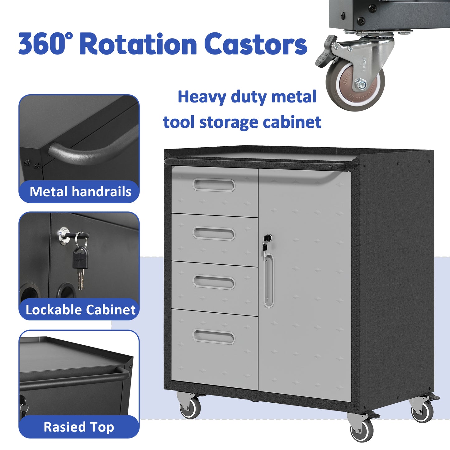 Sturdy Metal Tool Storage Cabinet With Wheels - For Garage, Office,