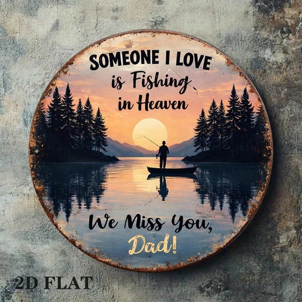 Fishing In Heaven Vintage Metal Plaque - 8 Inch Round Wall Art