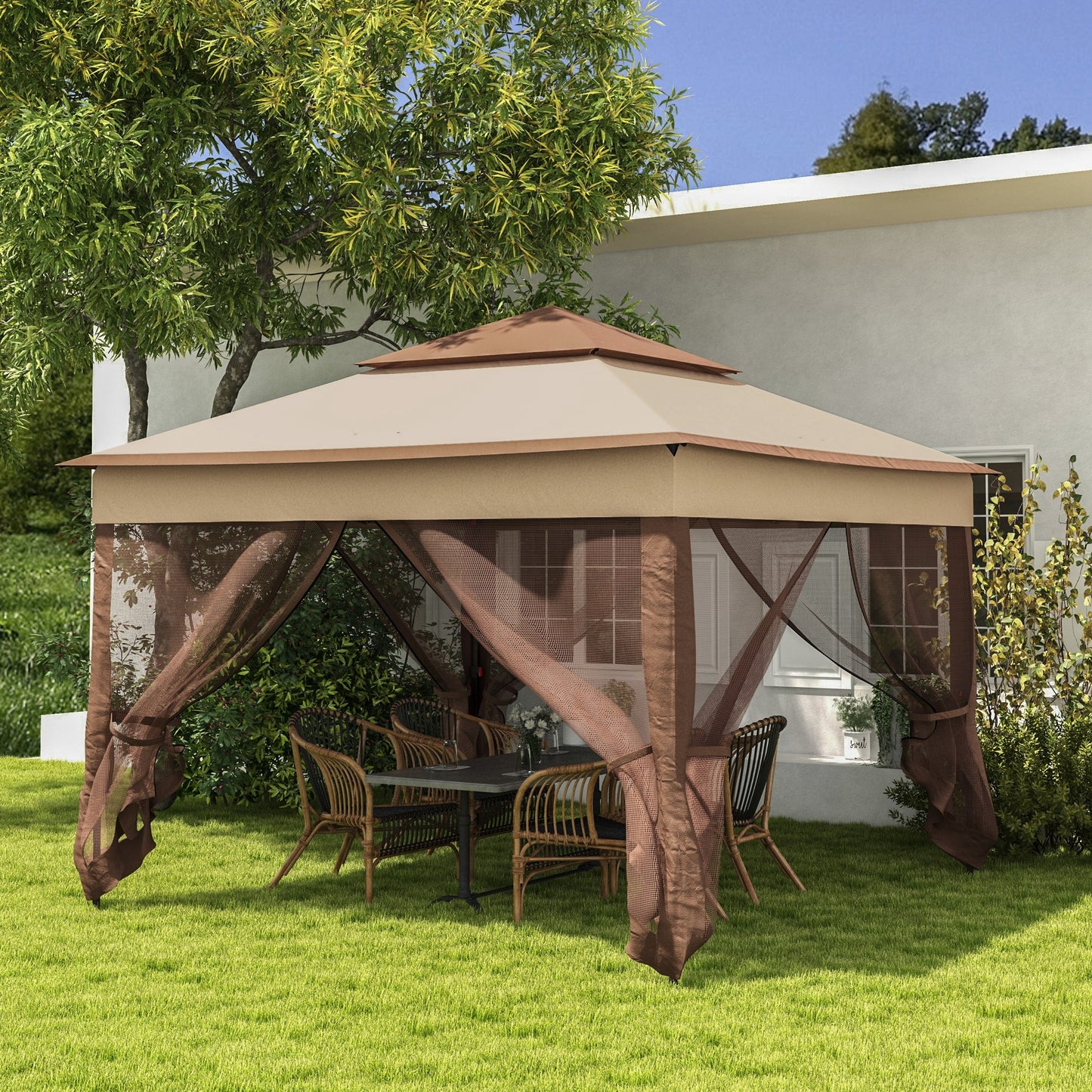 Pop-Up Canopy Gazebo Shelter with Zipper Netting - Khaki 11x11