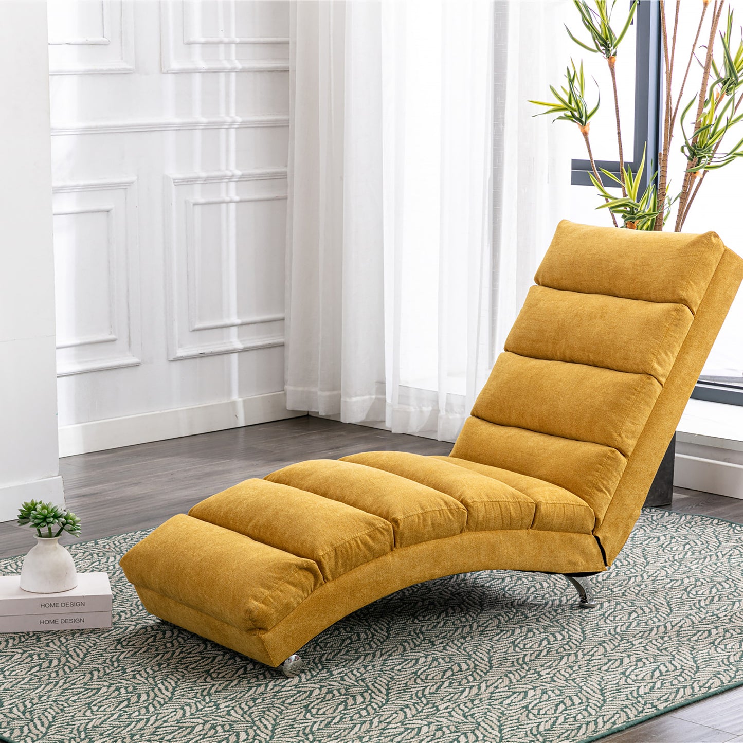 Luxury Upholstered Chaise Lounge Chair with Vibration - Mustard