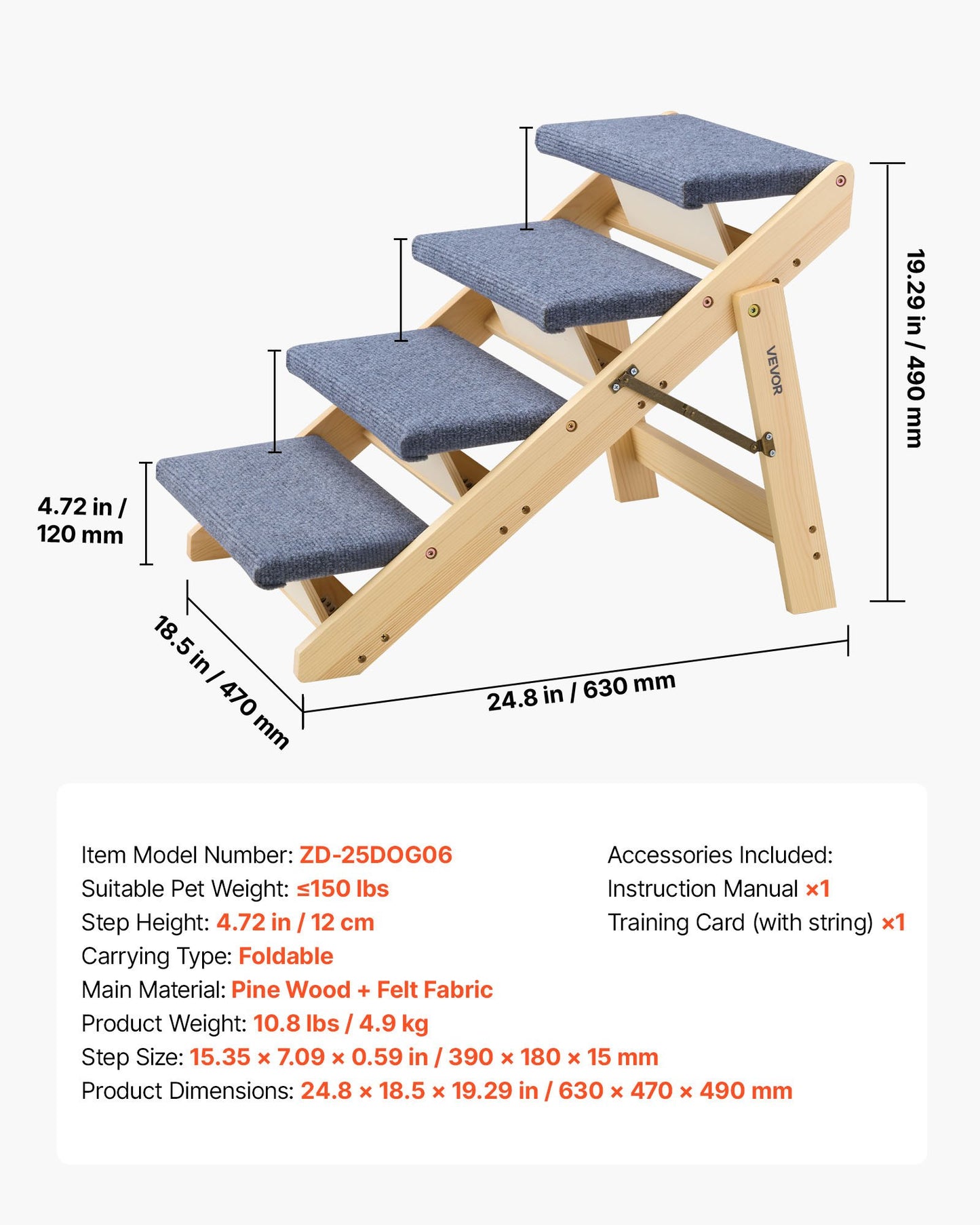 Wood Pet Stairs 4-Step Dog & Cat Ladder for Beds, Sofa & Car, Foldable & Sturdy