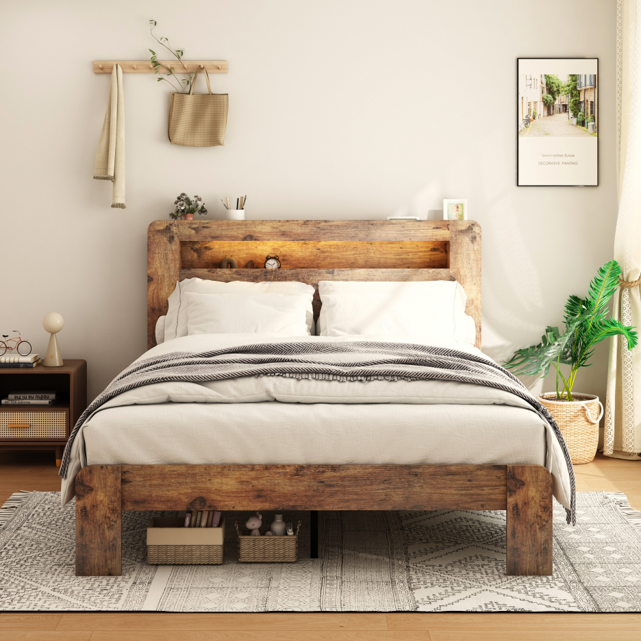 King Wood Bed Frame with LED Headboard, USB Ports & Storage