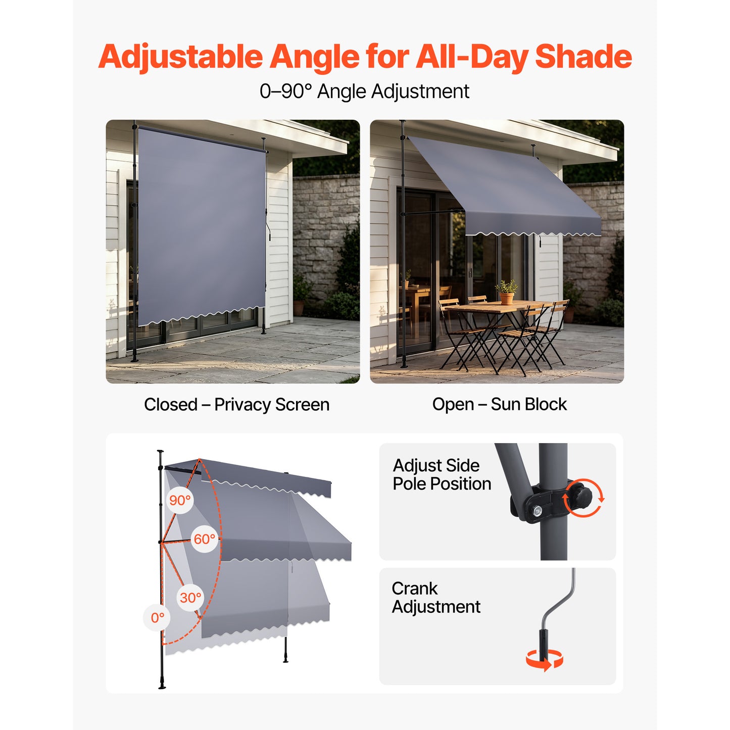 Manual Retractable Patio Awning 78" Sunshade Shelter with Crank Handle - Dark Gray