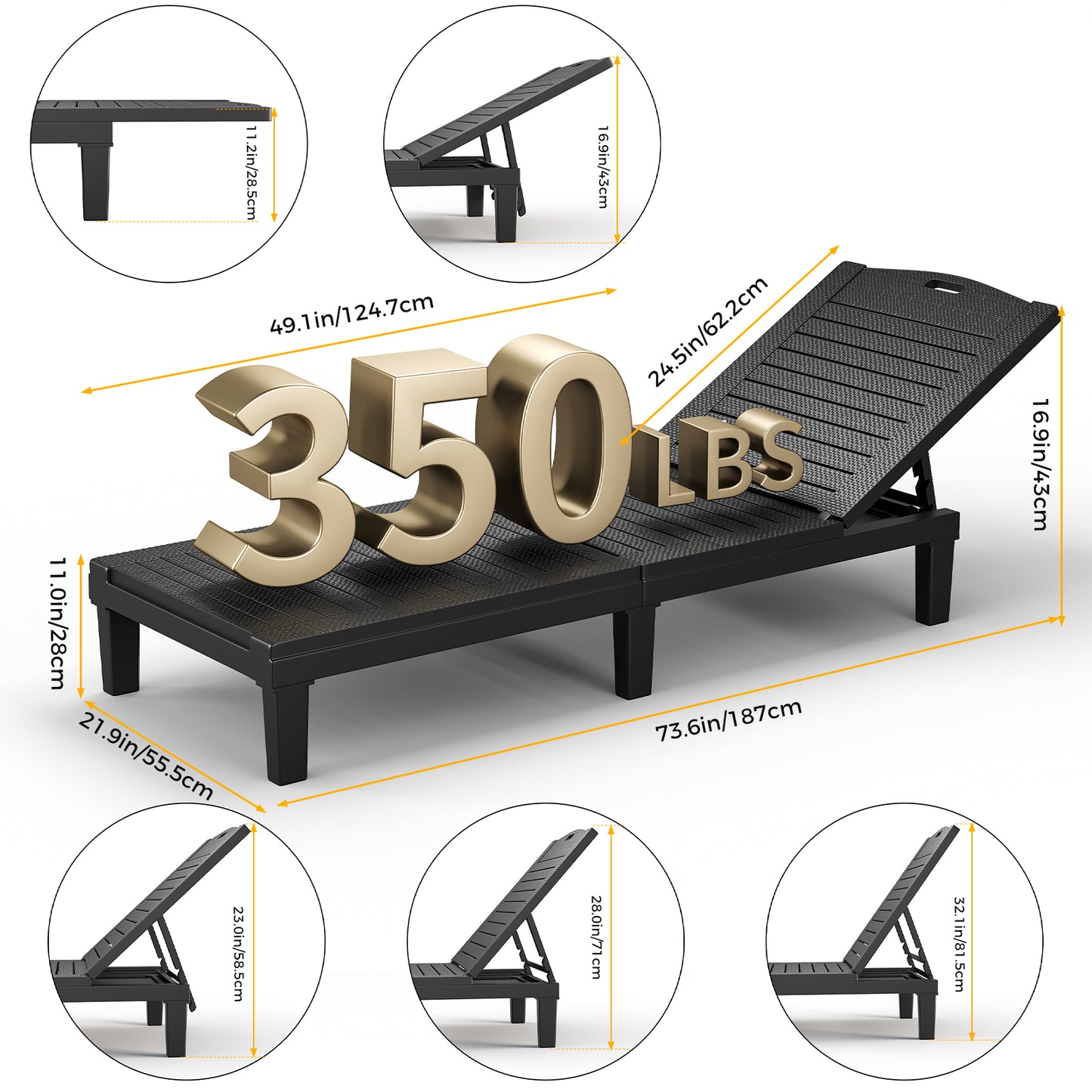2PCS Adjustable Outdoor Lounge Chair - 5 Position Recliner, Black