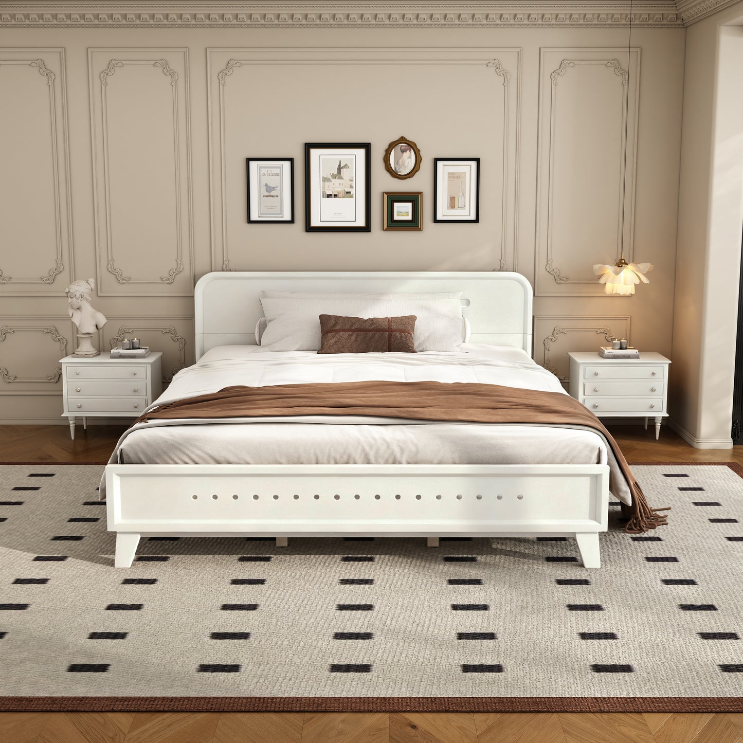 Queen Size Pine Solid Wood Bed - Stable, No Box Spring Needed, White