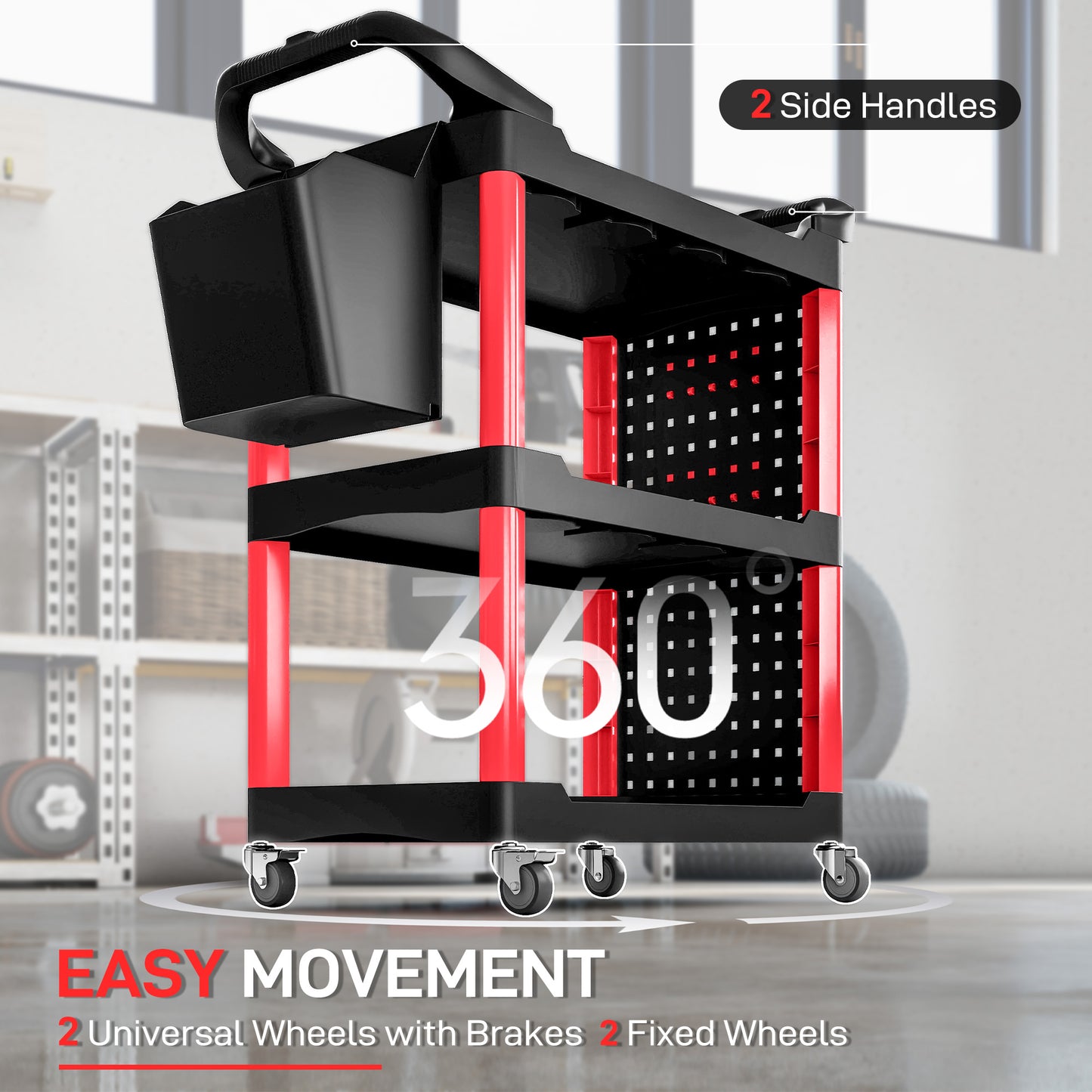 3-Tier Rolling Utility Cart with Side Shelf and Storage Bucket, 200 lbs Capacity, Black & Red