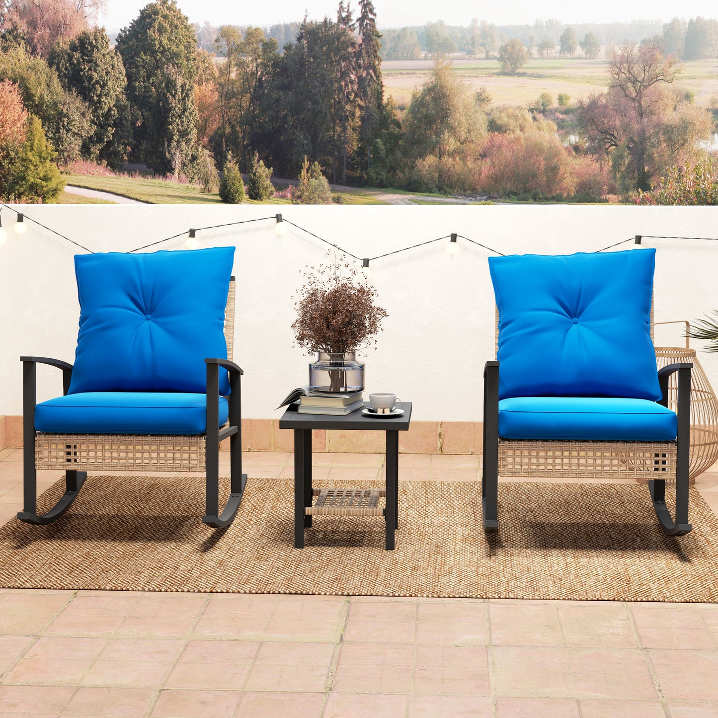 3-Piece Outdoor Bistro Set with Rocking Chairs & Coffee Table - Blue