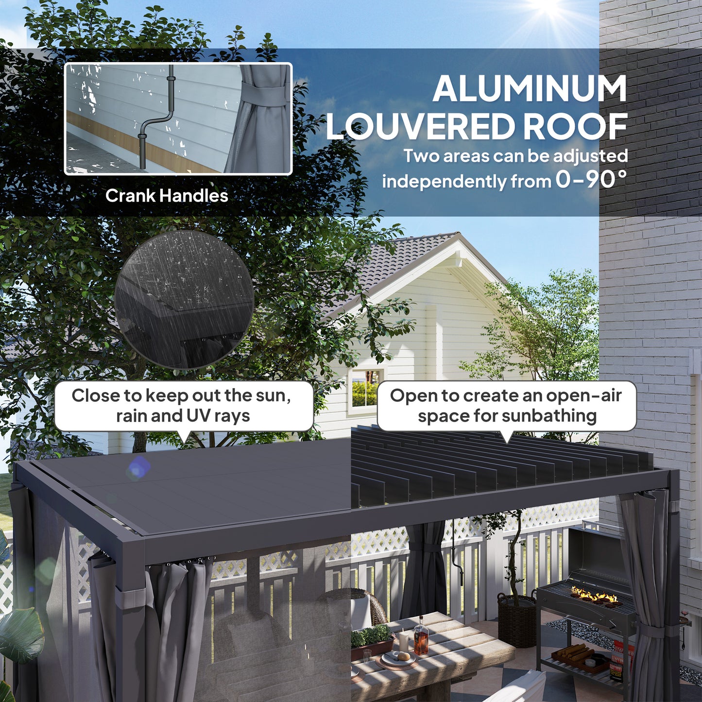 Outdoor Retractable Pergola with Louvered Roof and Curtains - Dark Gray