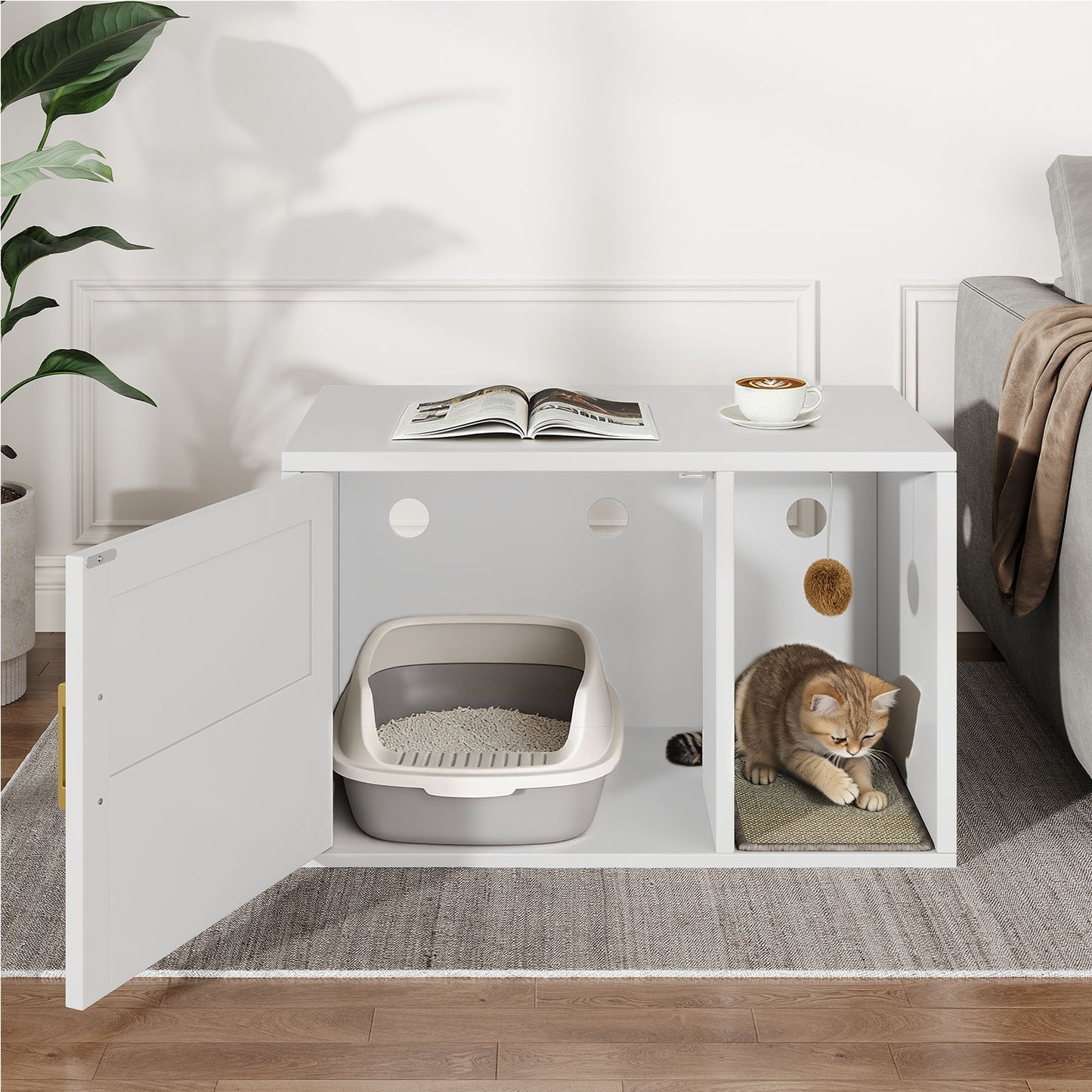 Multifunctional Cat Litter Box Cabinet with Odor Control & Side Table - White