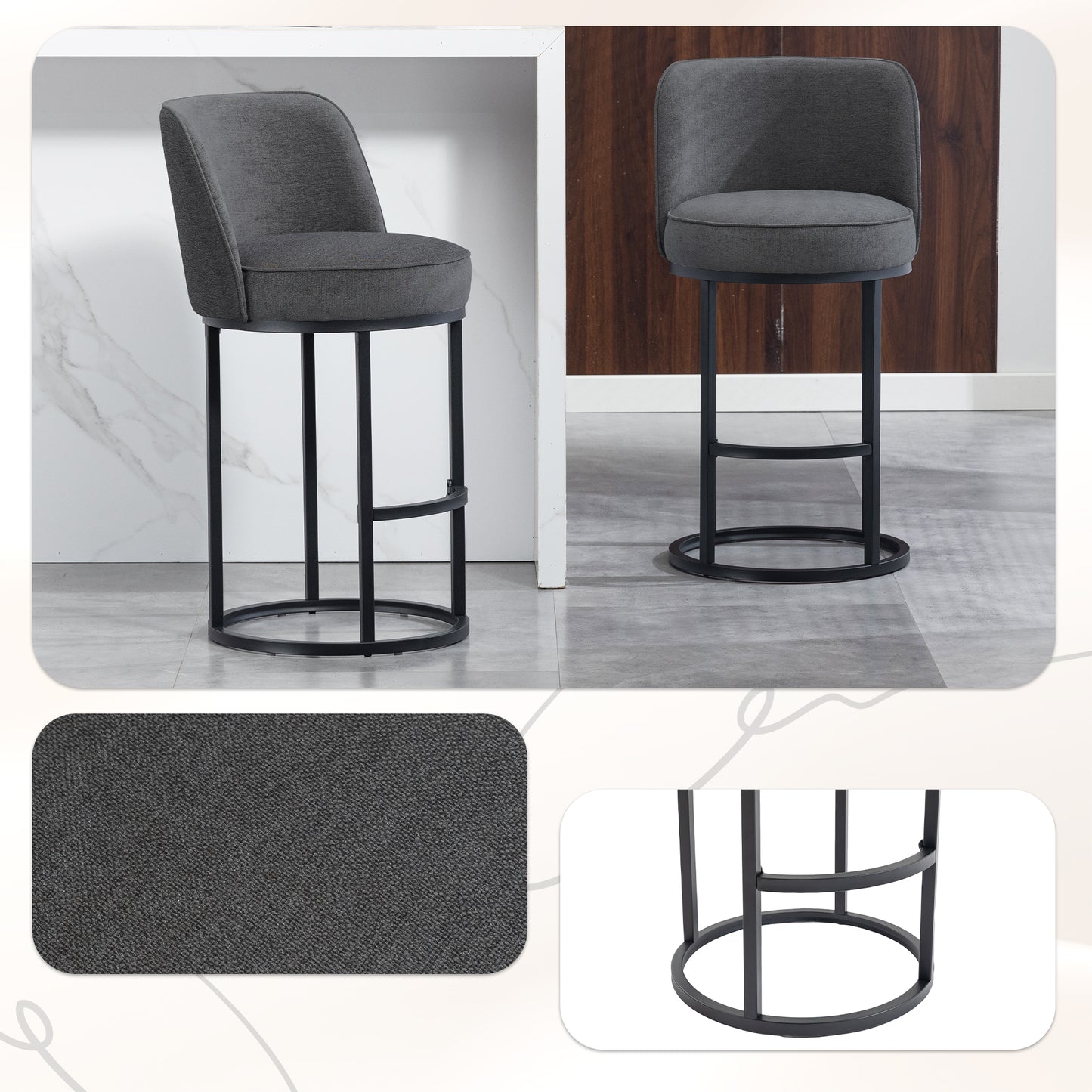 Modern Barrel Counter Stools Set of 2 - Gray Linen Upholstered