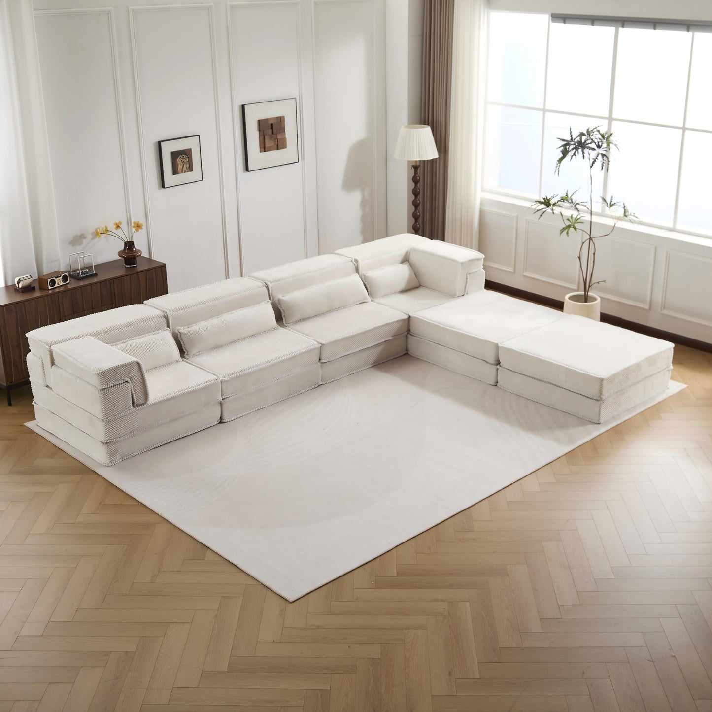 Oversized 4-Seater Modular Floor Sofa Bed with 2 Ottomans - White