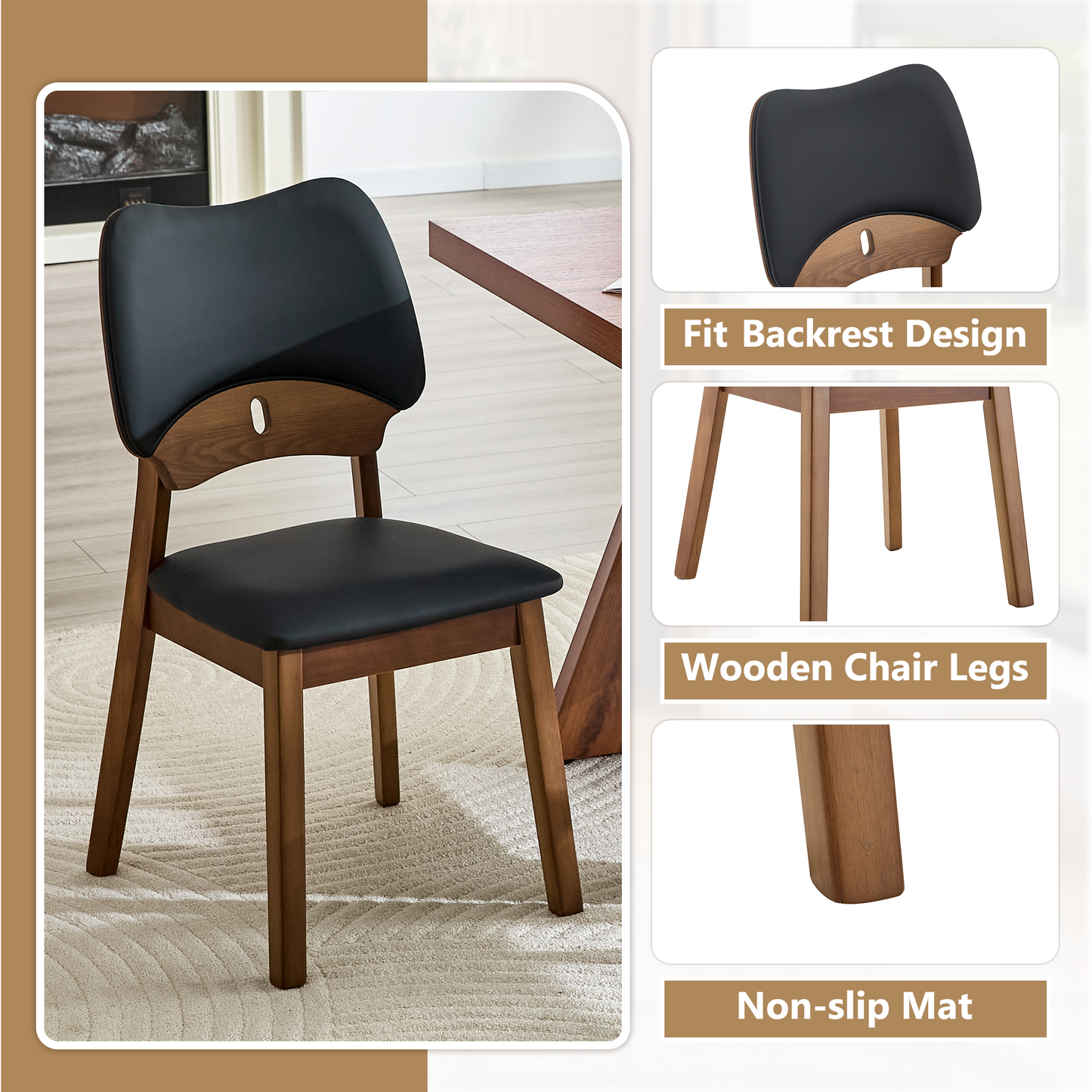 2 Walnut Colored Solid Wood Dining Chairs, With Black PU Soft