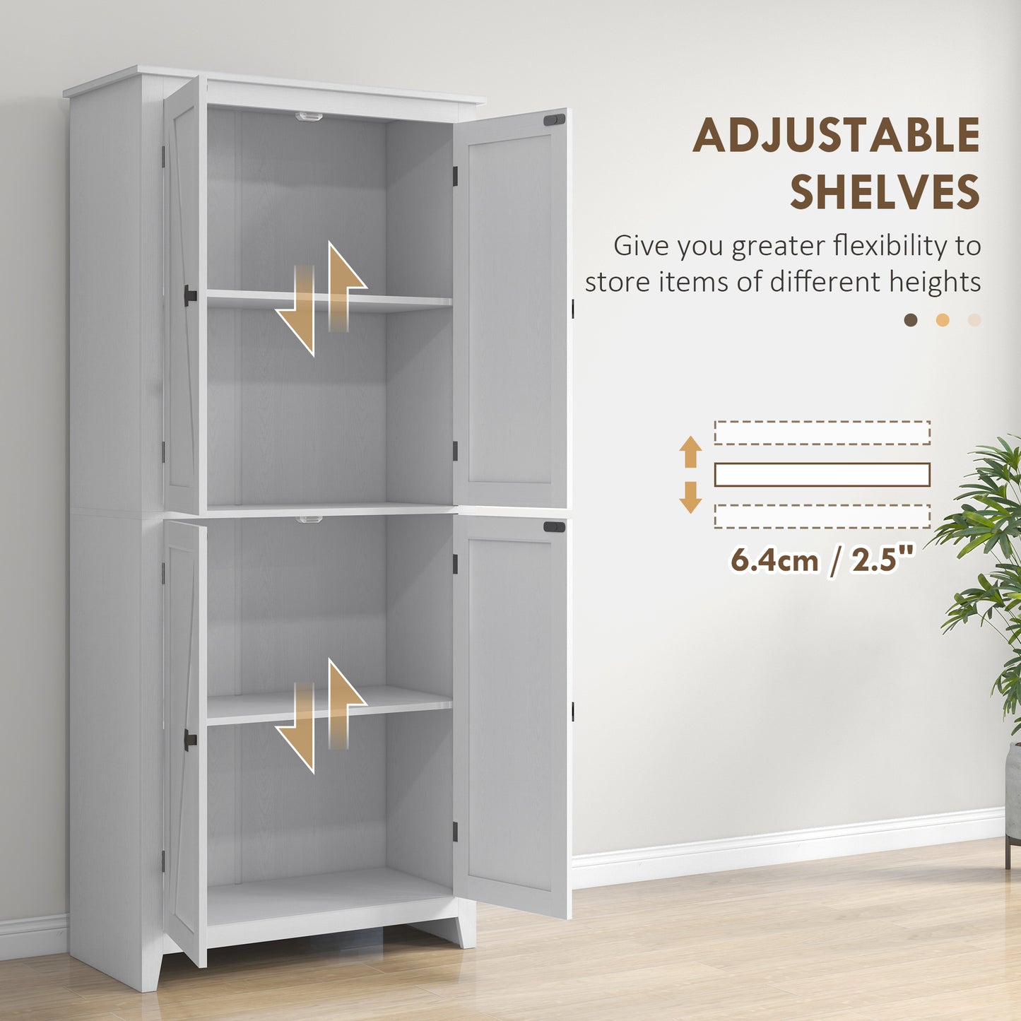 72" Tall Kitchen Pantry Cabinet - Farmhouse Storage with 4 Doors, White