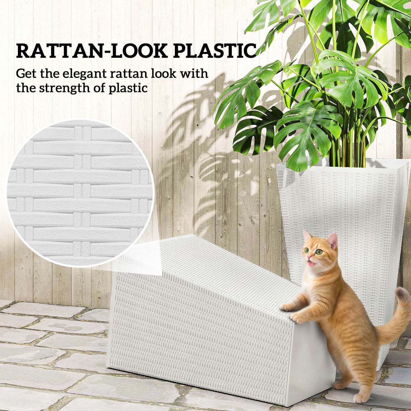 Outdoor Tall Plant Planters Set of 3 White Rattan Style Garden Pots with Drainage Holes