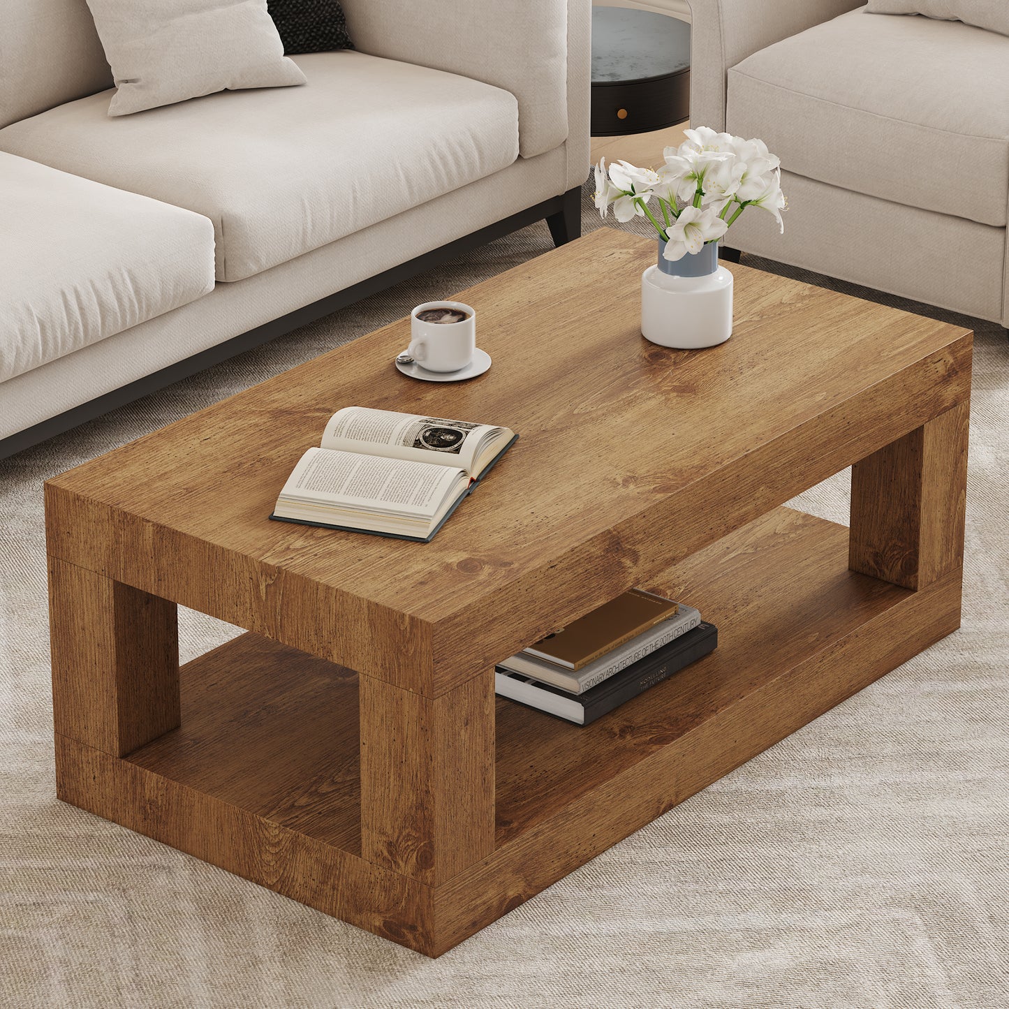 Modern 2-Tier Coffee Table with Open Storage Shelf - Wood