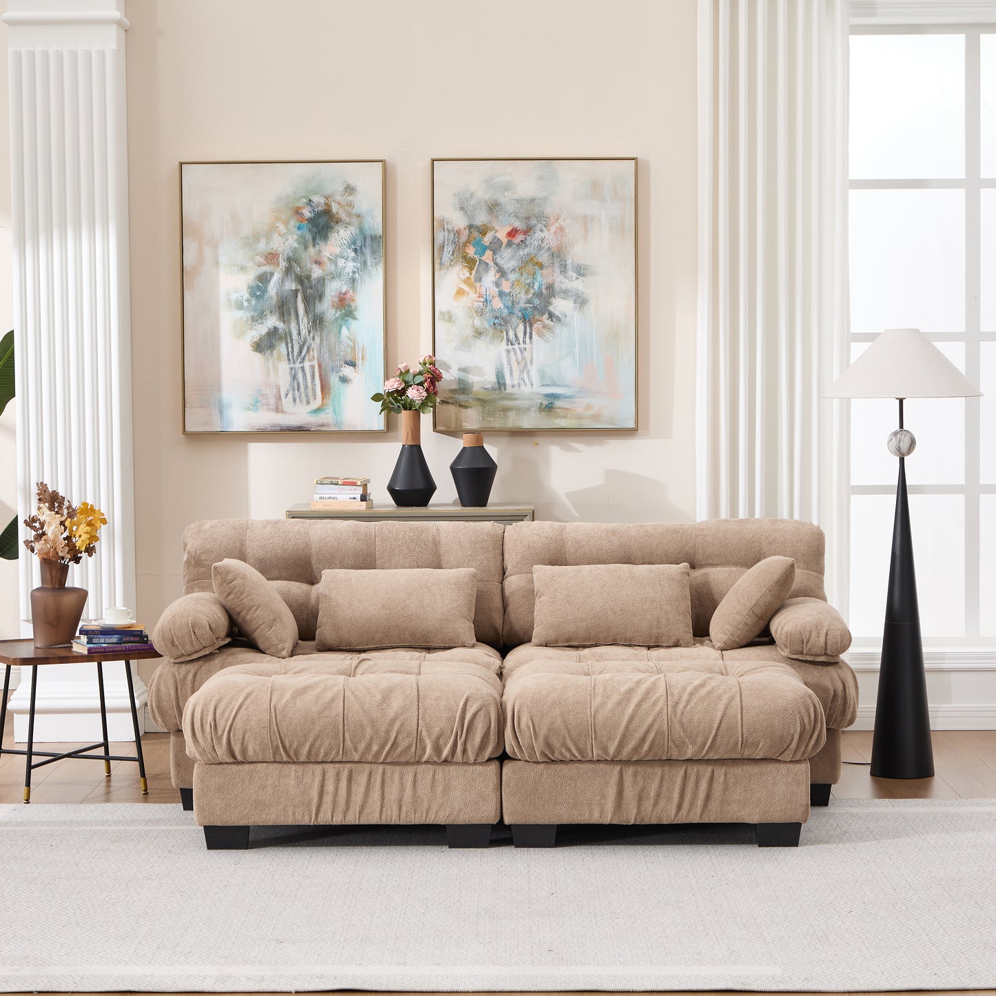 U Shaped Modular Sectional Sofa with Ottoman - Light Brown