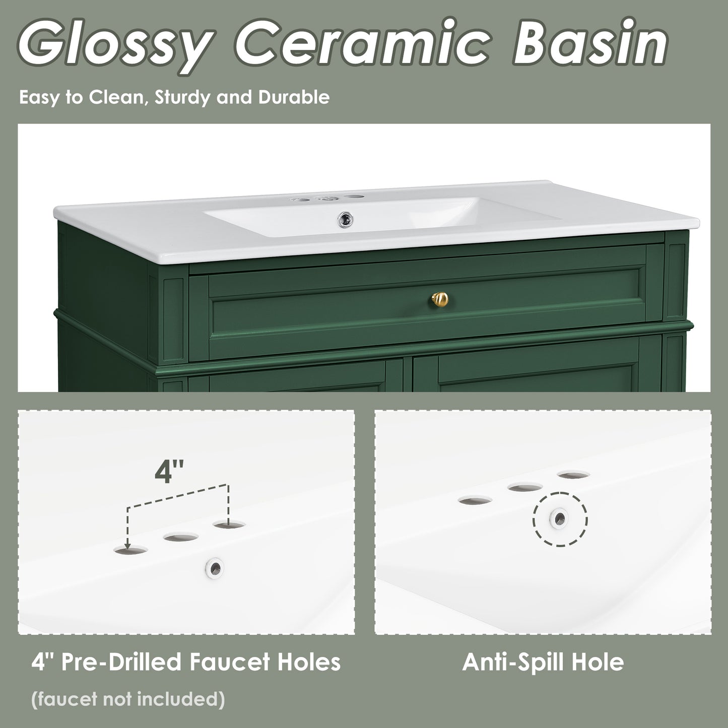 36'' Modern Bathroom Vanity with Sink & 3 Drawers - Garnet/Green