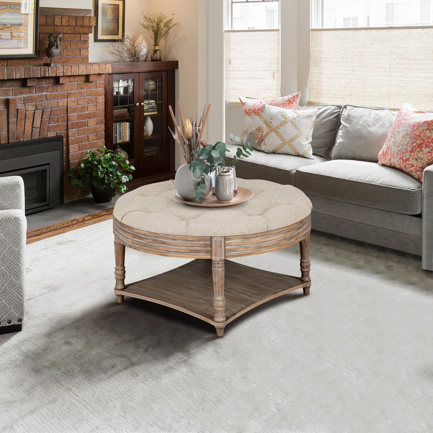 Large Round Waterproof Ottoman Coffee Table with Storage - Gray & Khaki