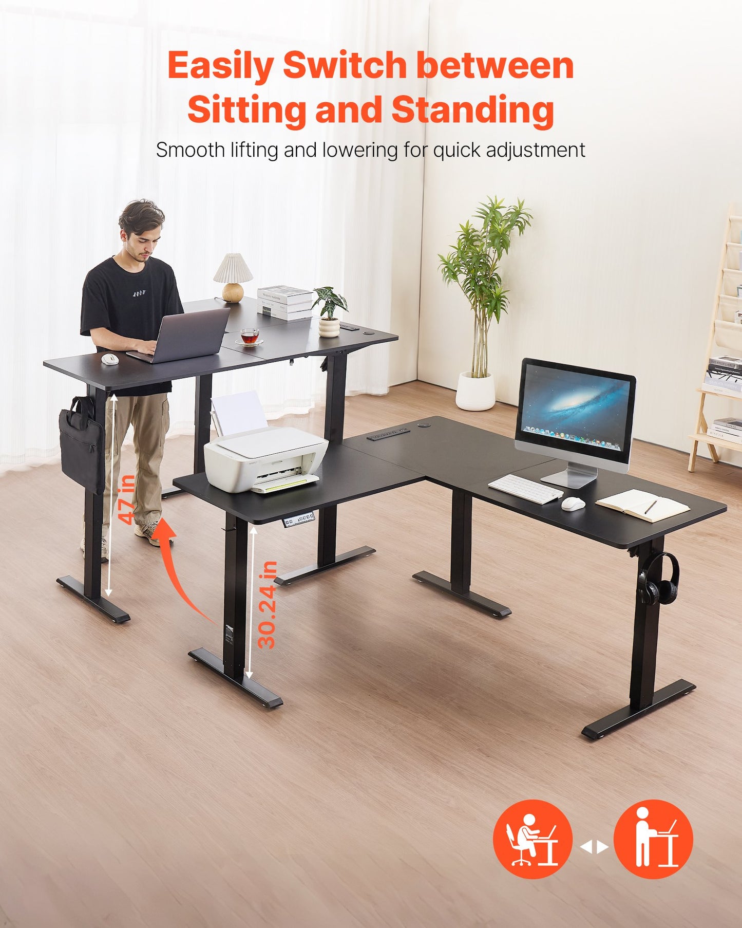 Electric Adjustable Height L Shaped Gaming Desk with Wheels - Black