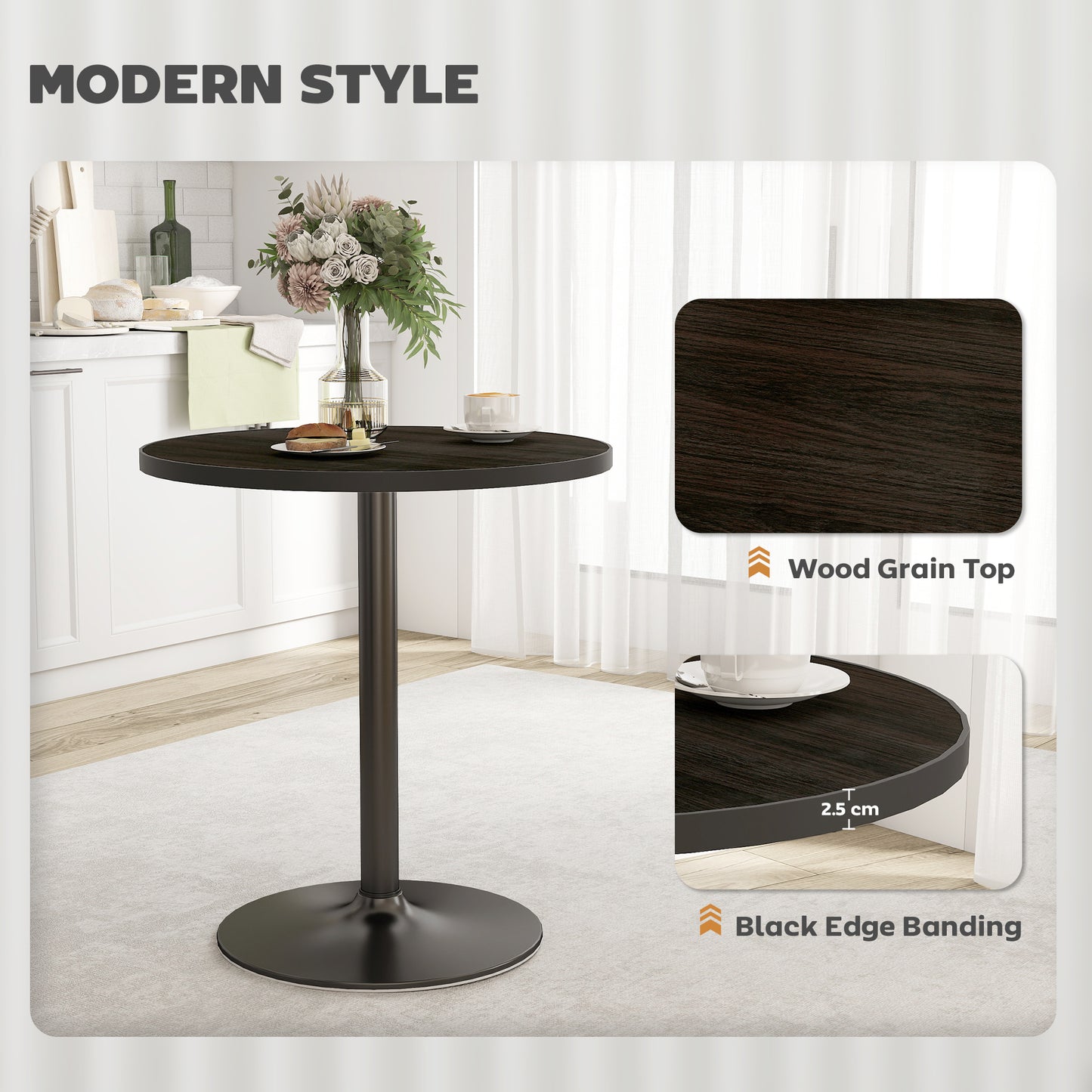 Round Dining Table for 2-4 People - Black Wood Grain Top