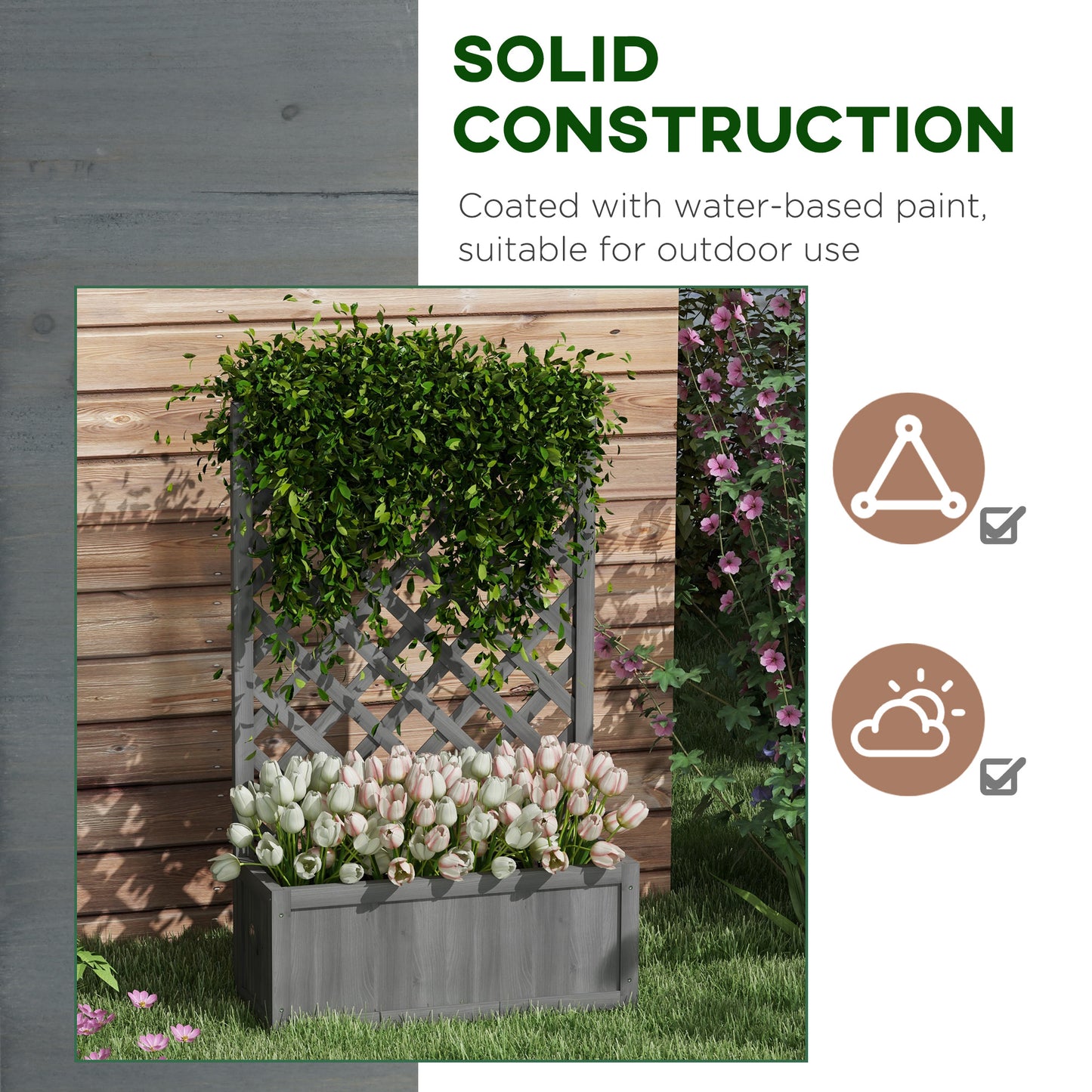 46-Inch Wooden Garden Planter with Trellis for Vegetables Herbs Flowers - Gray