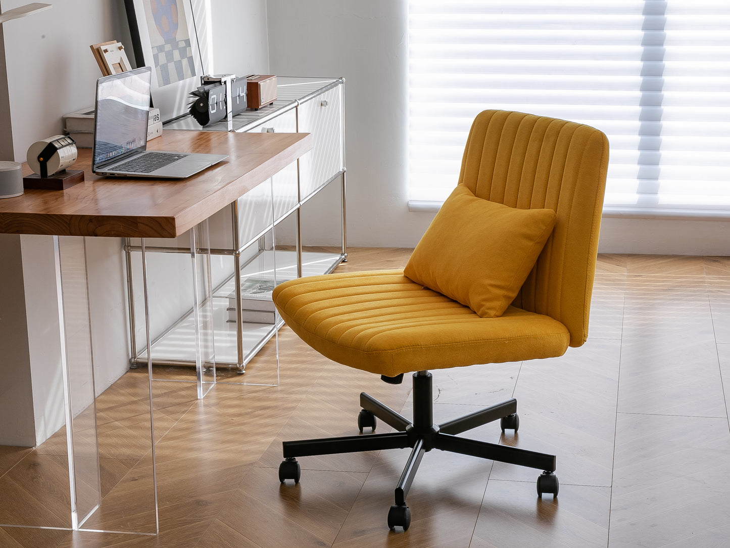 Yellow Linen Criss Cross Office Chair with Wheels - Ergonomic Design
