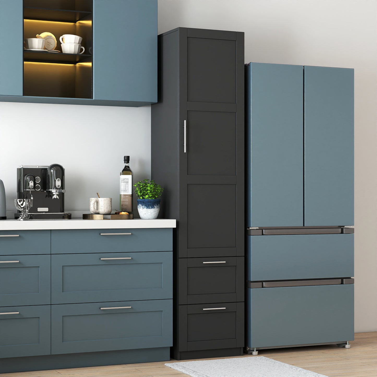 Tall Kitchen Storage Cabinet with 1 Door & 2 Drawers - Black