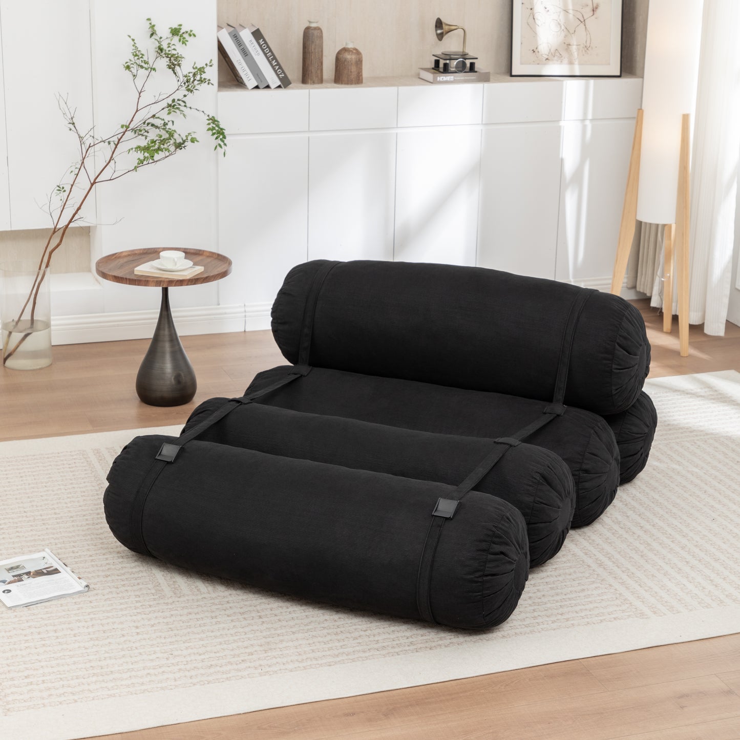 Adjustable Corduroy Floor Sofa - Black Multi-Person Leisure Chair