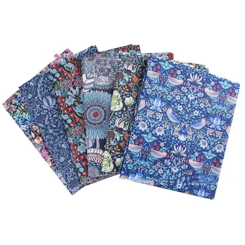 Deep Blue Bird Forest Cotton Fabric - Botanical Print 100% Cotton Textile