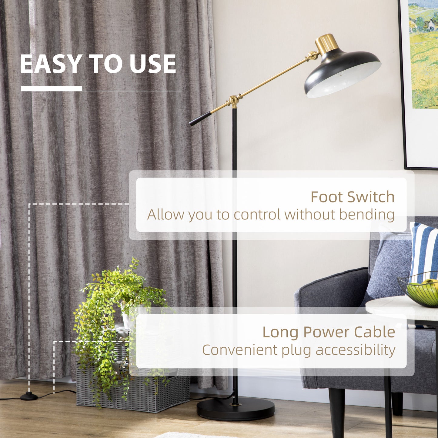 Tall Adjustable Floor Lamp with Balance Arm - Black and Gold Standing Lighting for Living Room & Bedroom